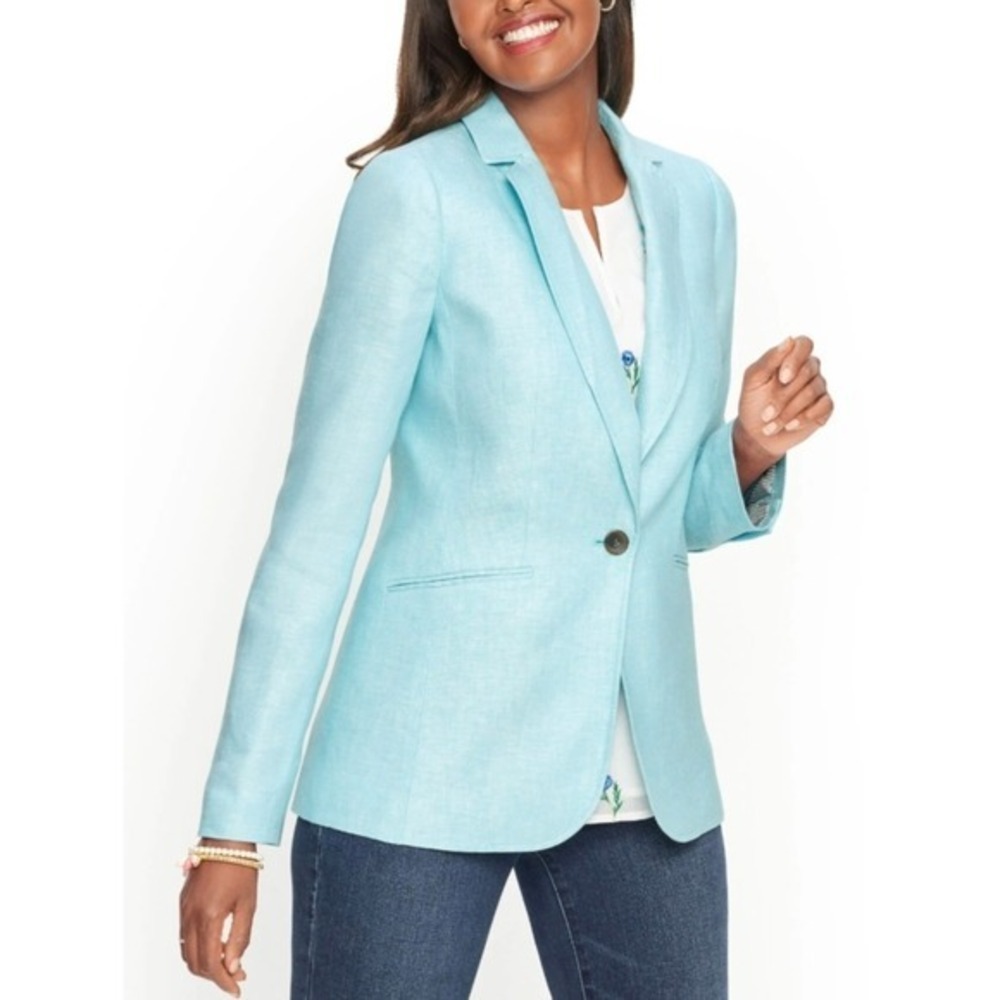 Talbots 100% Linen Blue Turquoise Button Blazer Jacket 8 Petite Classic Preppy